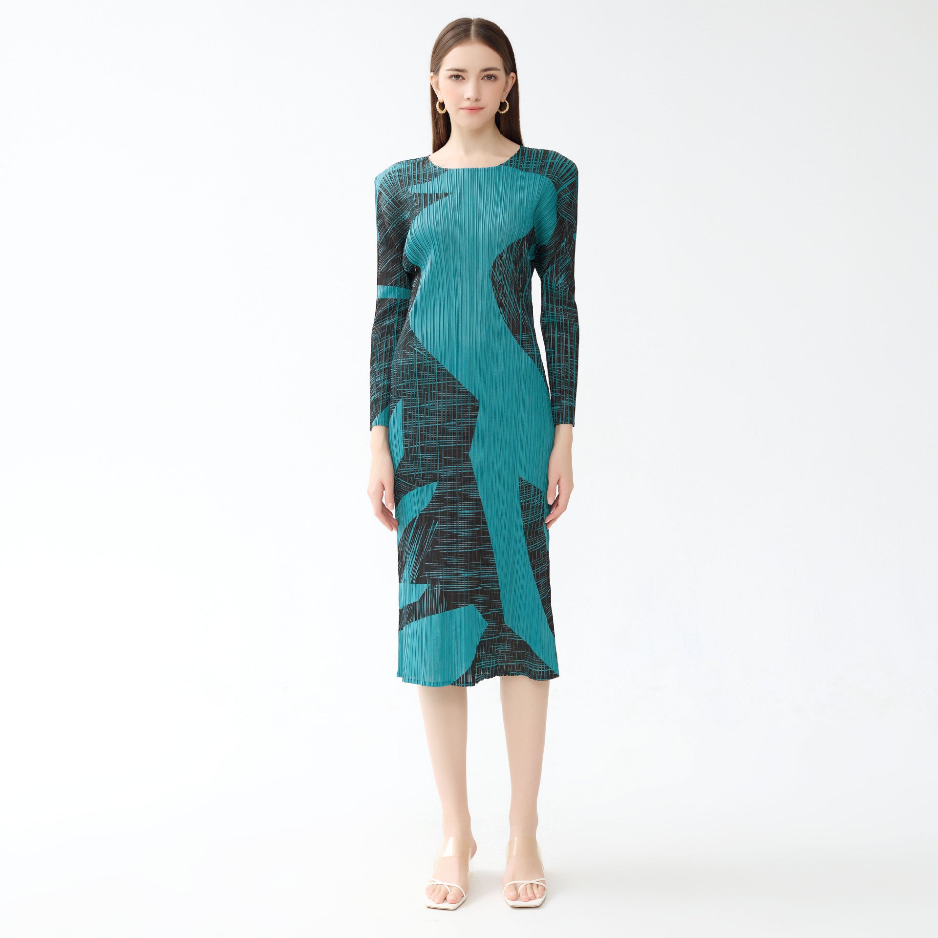 Gentle Printed Dress Women's round Neck Contrast Color Slim-Fit Long-Sleeved A- line Skirt