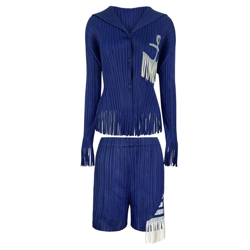 Sense of Design Shirt Shorts Sailor Two-Piece Set Women Tassel Contrast Color Waist Shorts Suit Women