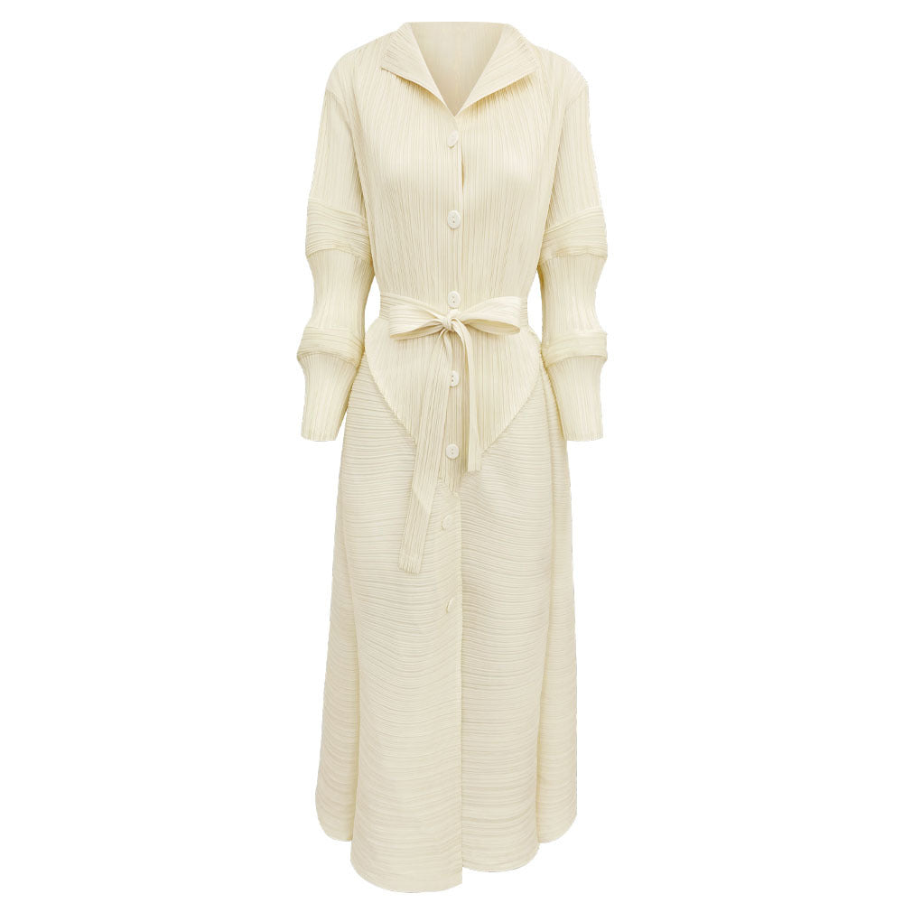 Long Half-Open Collar Non-Mainstream Style Lotus Root Sleeve Lace-up Waist Solid Color Dress Women