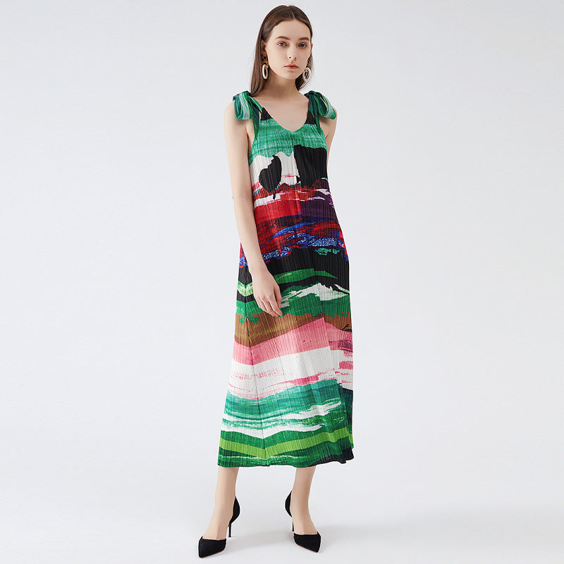 Ink Print Loose Strap Dress Pleated