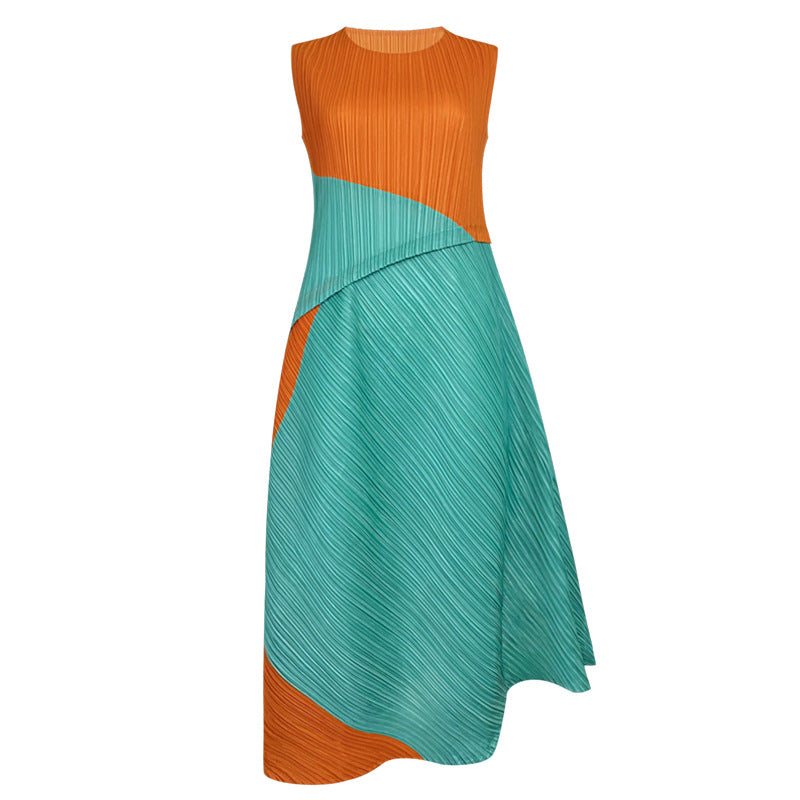 round Neck Sleeveless Dress Contrast Color Waist Stitching Loose and Irregular Long Dress for Women