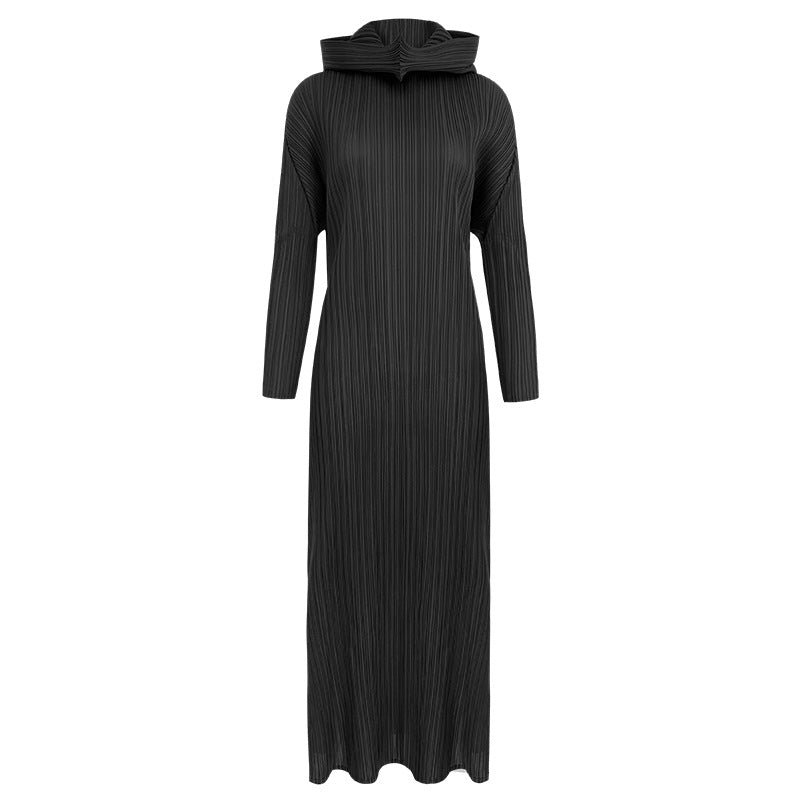 Pleated A- line Dress Solid Color Long Sleeve Slim-Fit Hood Dress Winter Women's Design Sense