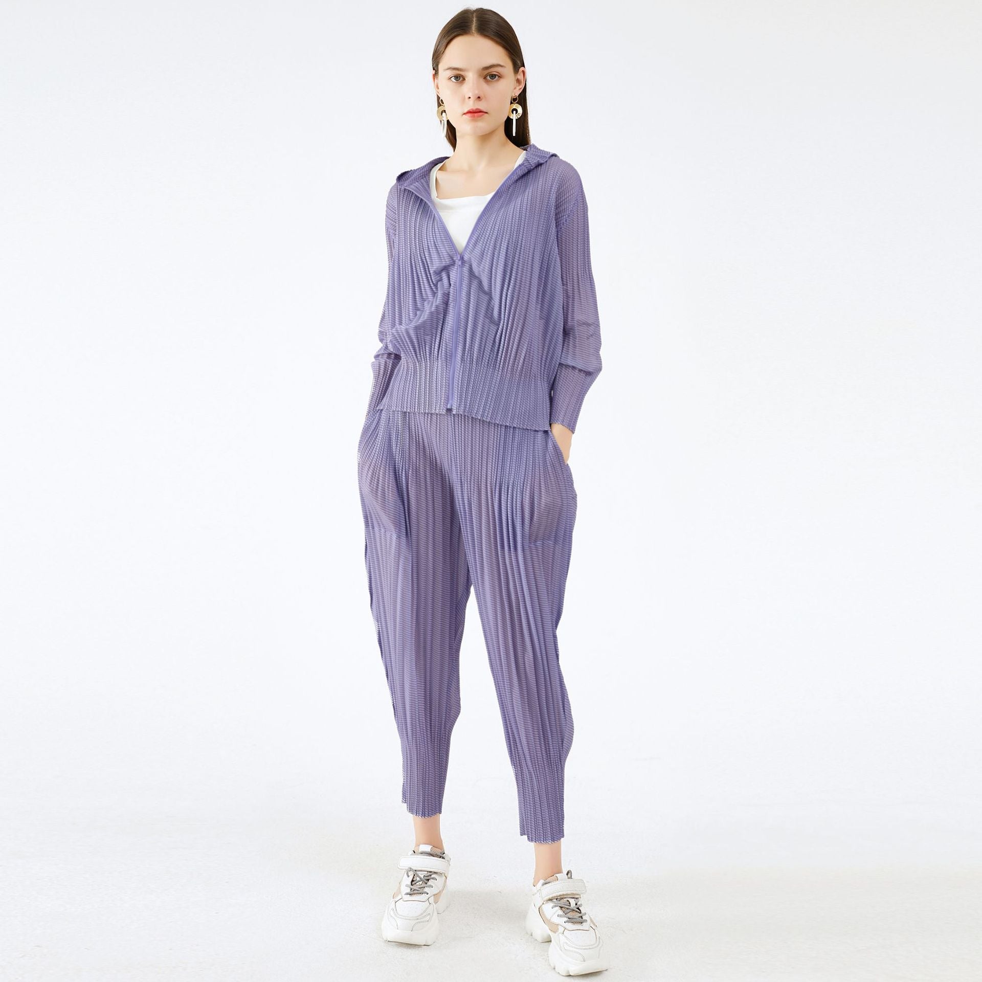 Casual Pleated Loose Striped Jacket Harem Pants Two-Piece Set