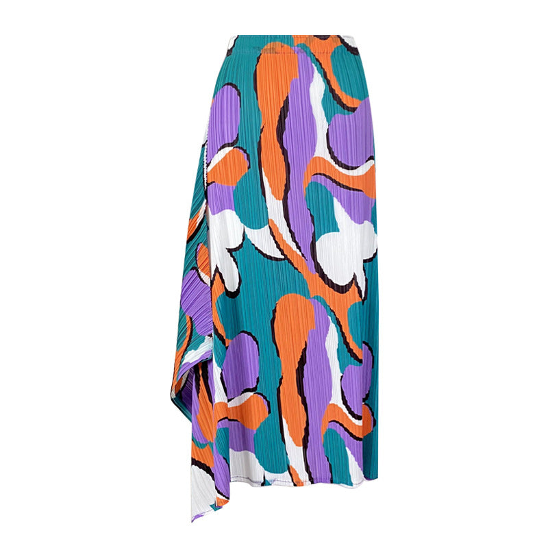 Pleated Skirt Commute Style Type a Mid-Length Summer Printed Pleated Skirt for Women
