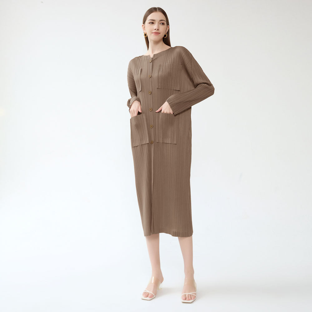 Pleated round Neck Long Sleeve Single-Breasted Slim Pocket Skirt Winter Women's Solid Color Dress