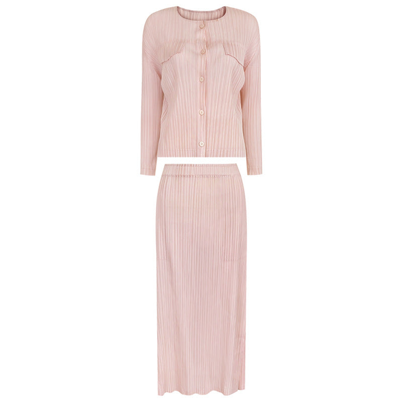 Basic Style Shirt Skirt Two-Piece Set for Women Slit Skirt Sun-Proof Set for Women