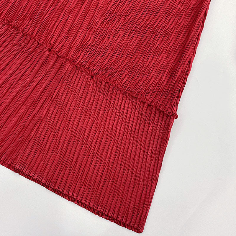 Scale Pleated Dress round Neck Solid Color Long Sleeve Skirt Women's Sense Dress