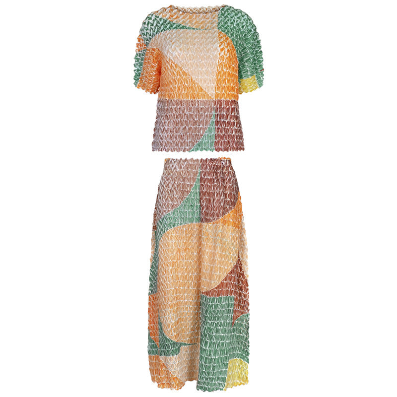 Contrast Color Top Suit Loose Casual Skirt Two-Piece Set for Women