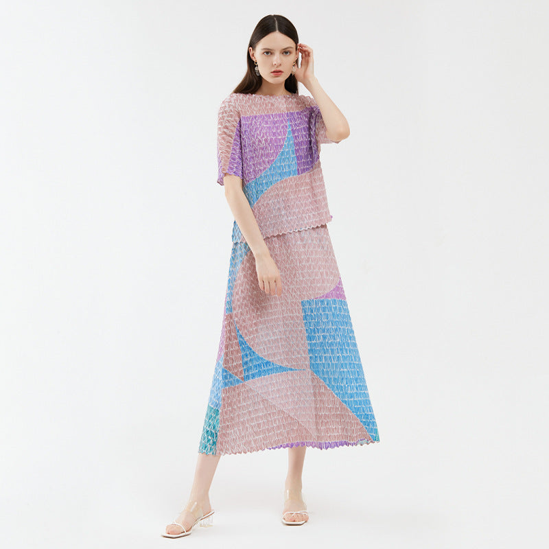 Contrast Color Top Suit Loose Casual Skirt Two-Piece Set for Women