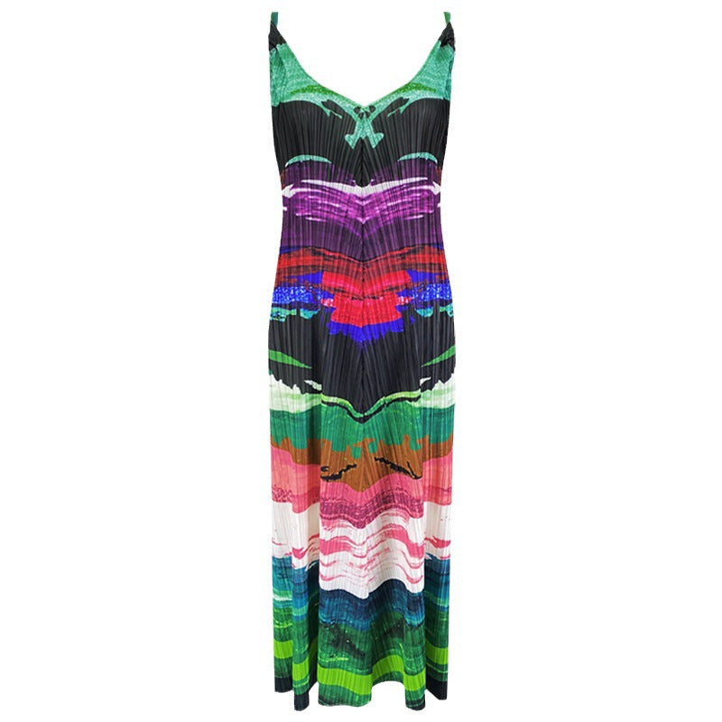 Ink Print Loose Strap Dress Pleated