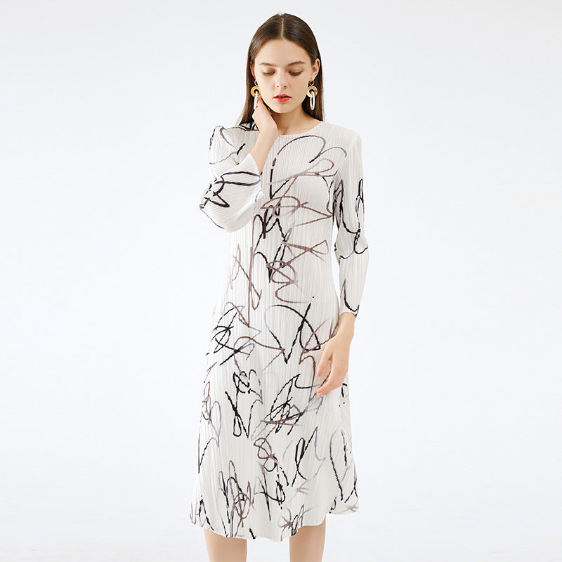 Abstract Dress Years Waist Slimming Temperament Printed Dress A- line Skirt