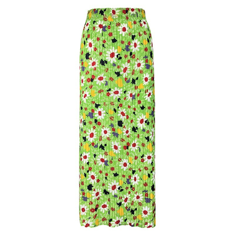 Mid-Waist Skirt Mid-Length Slimming Women's Fold Floral Long Skirt Summer Skirt