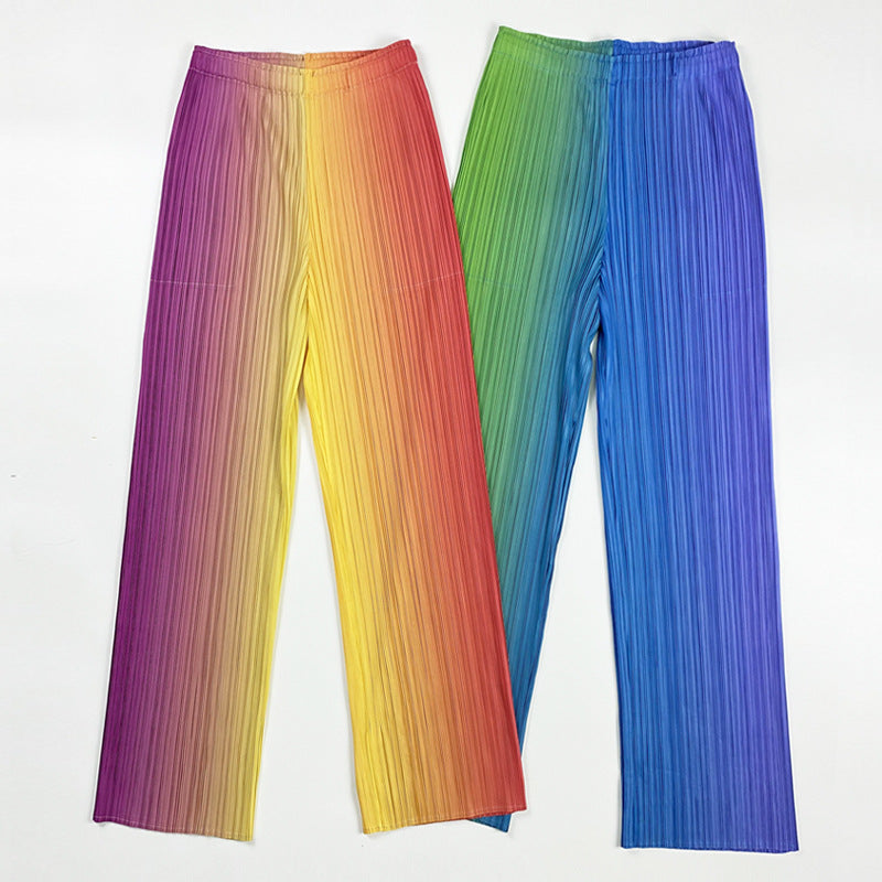 Artistic Pleated Wide-Leg Pants Women Loose plus Size Waist Gradient Rainbow Pants Straight-Leg Trousers Women