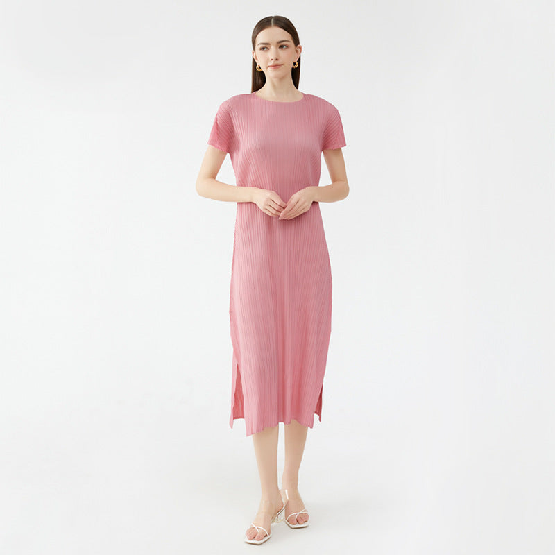 Pure Color Split Dress Pleated Pleated Skirt round Neck Short Sleeve Casual Elegant Basic Skirt