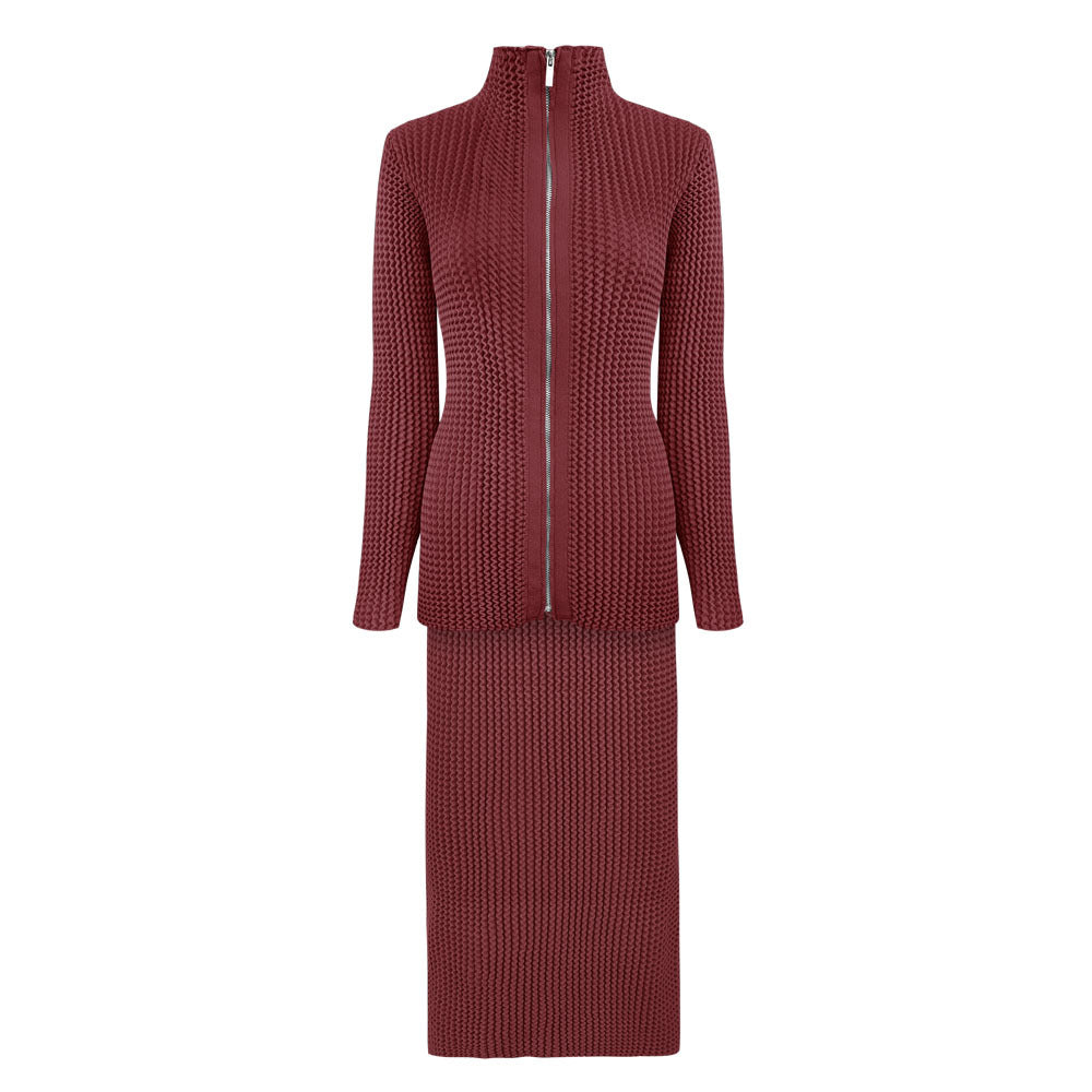 Long Sleeve Stand-up Collar Slim Fit Zipper Woolen Top Thickened Skirt Wave Pleated Two-Piece Suit Women