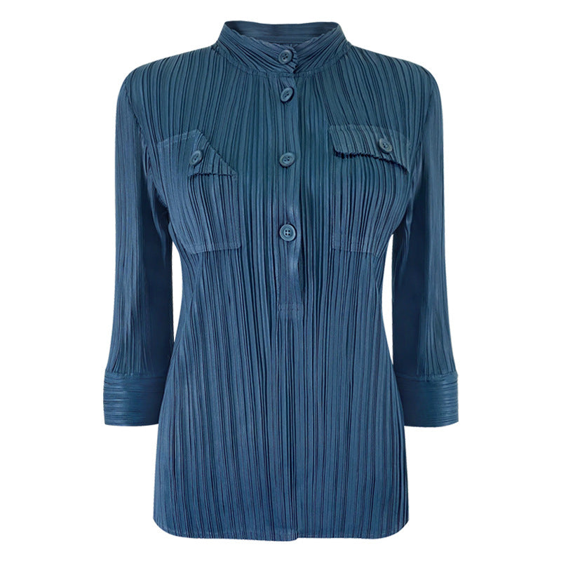 Pleated Shirt Women's Commuter Pocket Long Sleeve Slim Shirt Female Online Influencer
