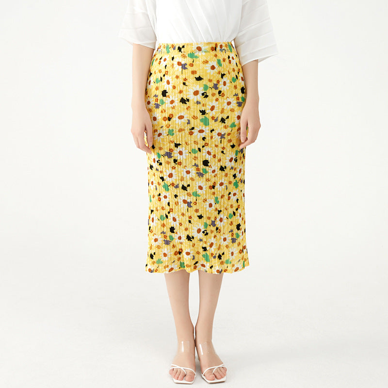 Mid-Waist Skirt Mid-Length Slimming Women's Fold Floral Long Skirt Summer Skirt