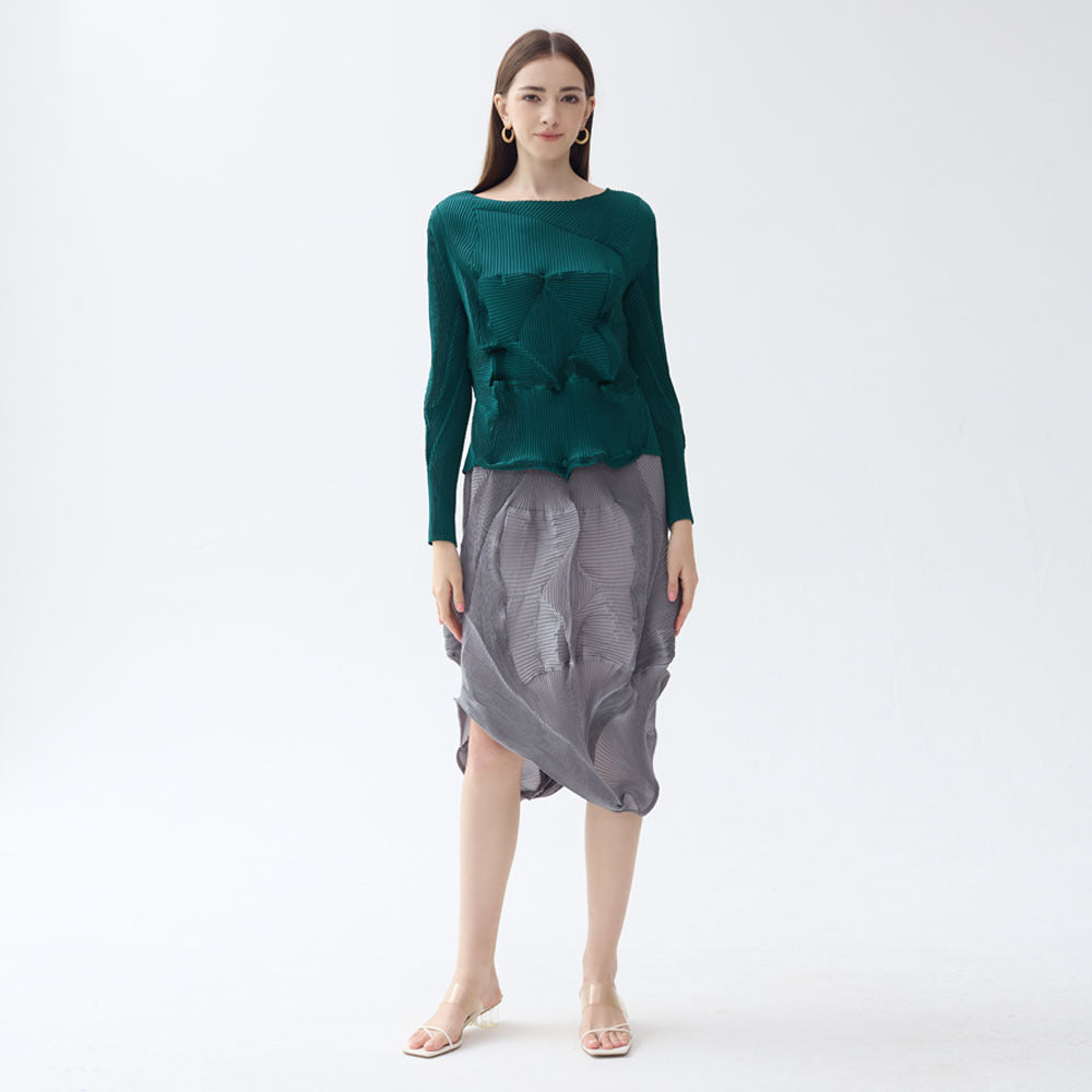 Folding Top round Neck Irregular Solid Color Long Sleeve Elegant Versatile Top Women