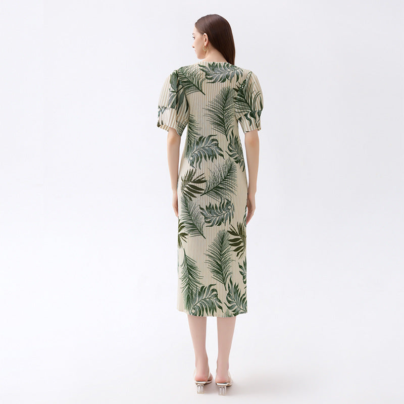 Casual Puff Sleeve Slim Fit Figure Flattering round-Neck Short Sleeve Dress Women A- line Skirt Women