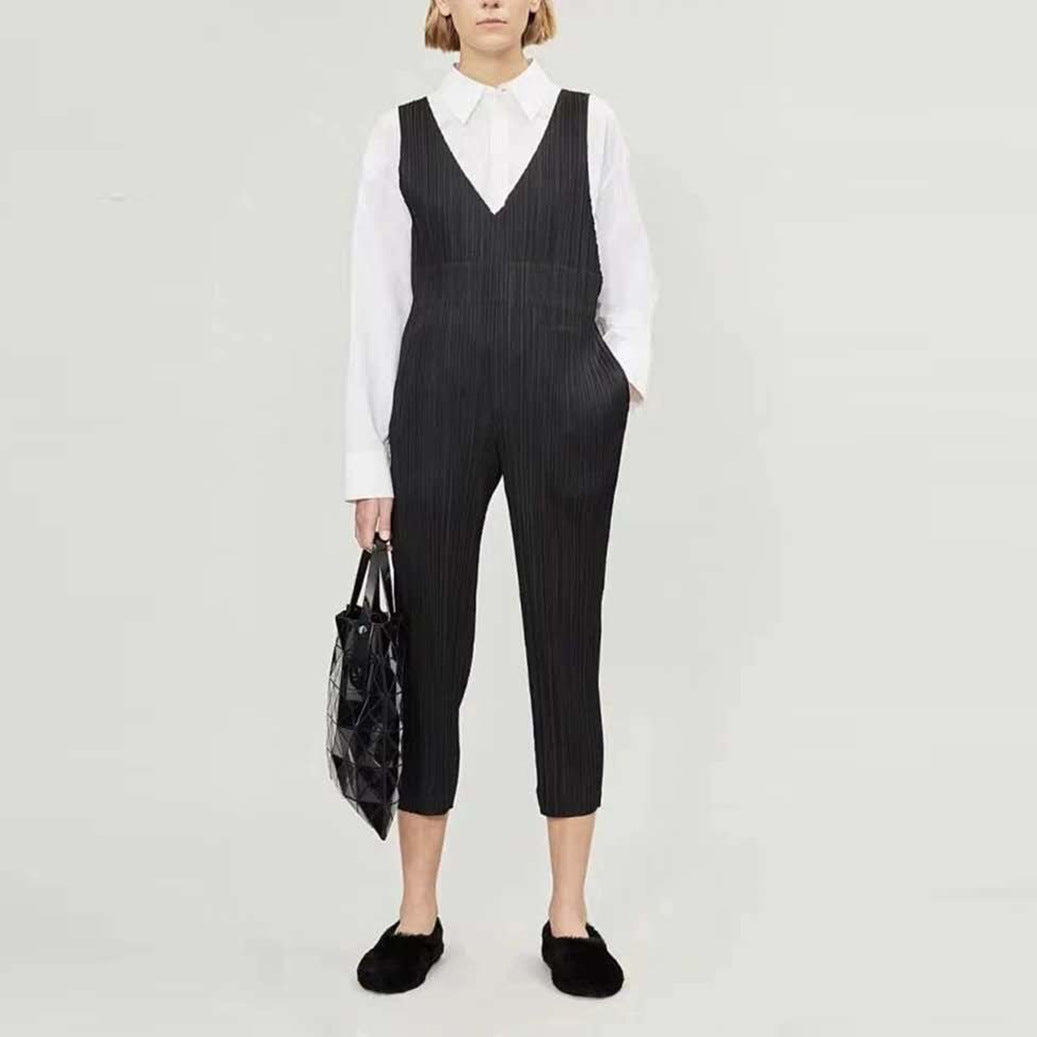 Casual Pants Waist-Tight Slimming and Straight Suspenders Pleated Suspender Pants Trendy Women