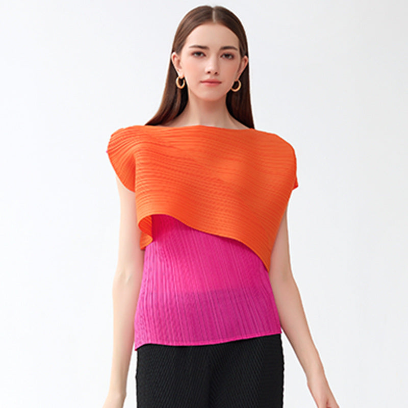 Classic Style Color Matching Irregular Versatile Top off-Neck Sleeveless Casual Cool T-shirt