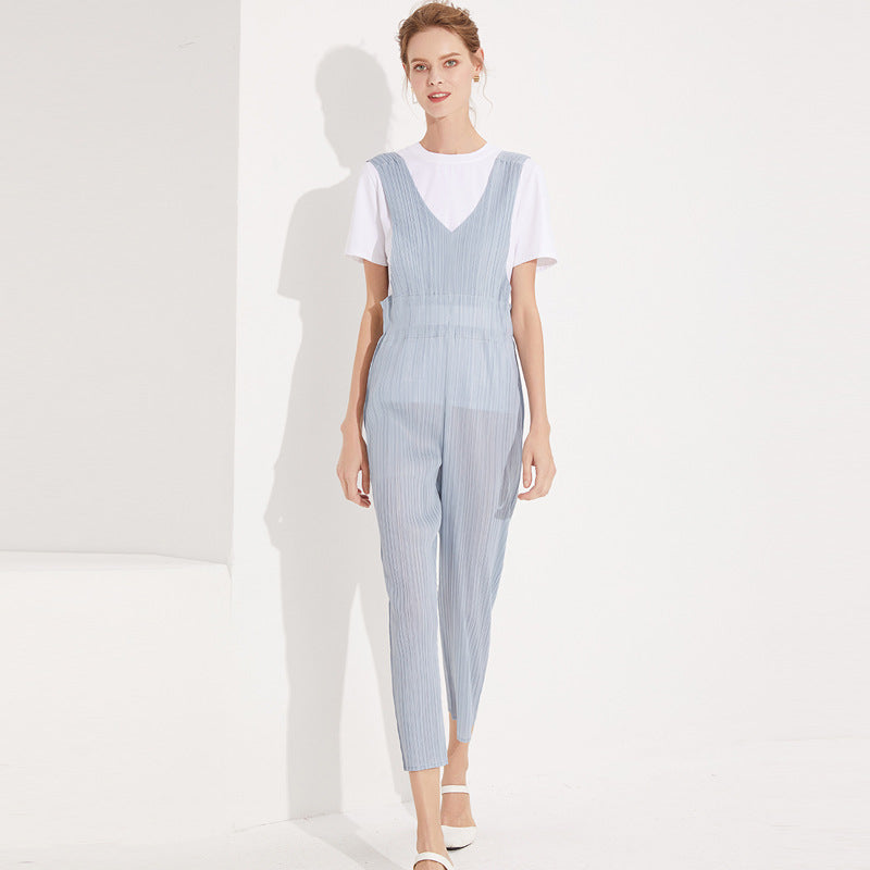 Casual Pants Waist-Tight Slimming and Straight Suspenders Pleated Suspender Pants Trendy Women