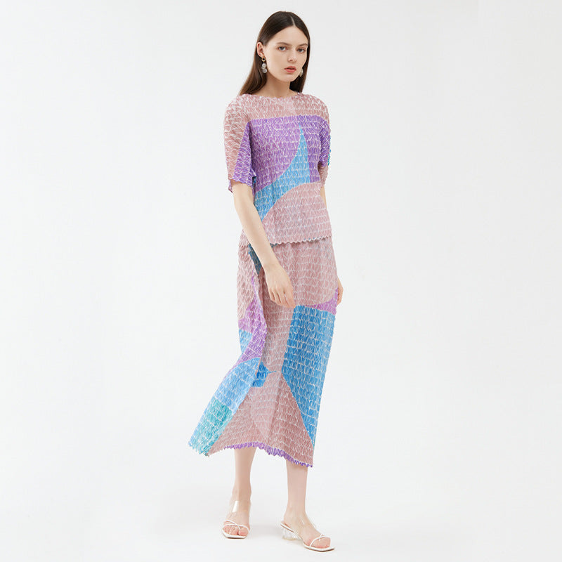 Contrast Color Top Suit Loose Casual Skirt Two-Piece Set for Women