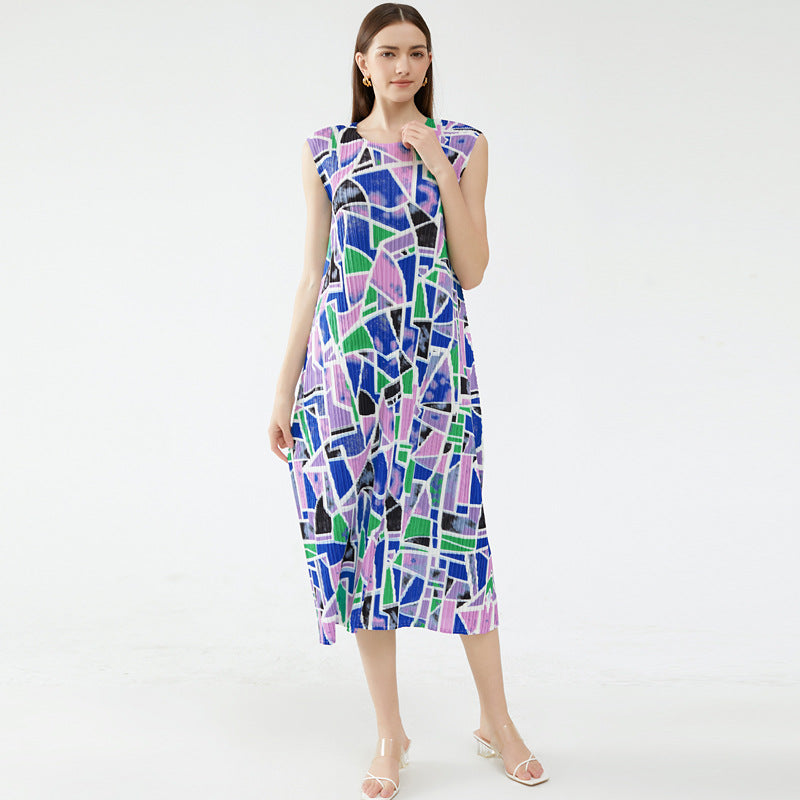 Printing and Dyeing Dress Pleated round Neck Sleeveless Contrast Color Square Mid-Length Dress