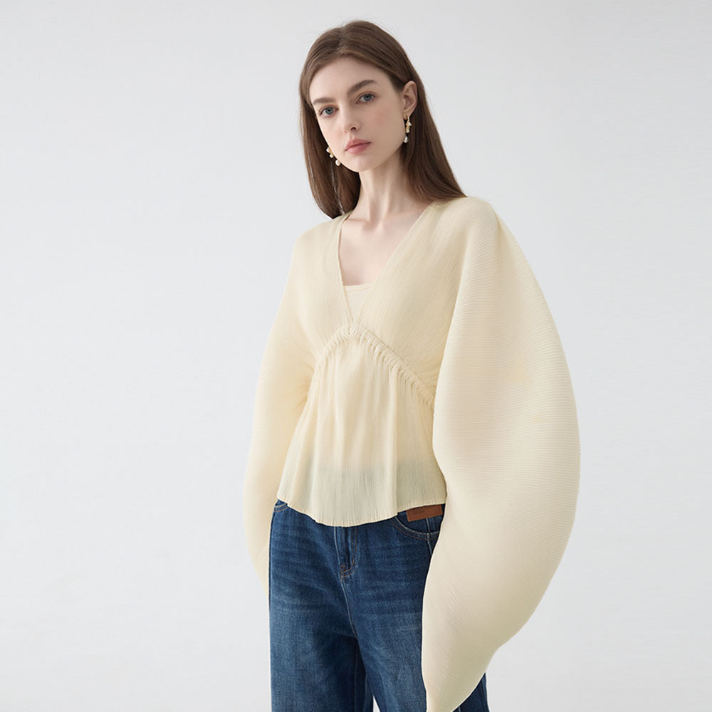 Flare Sleeve Deep V-neck Blouse Women Casual Solid Color Sexy Loose Women Tops