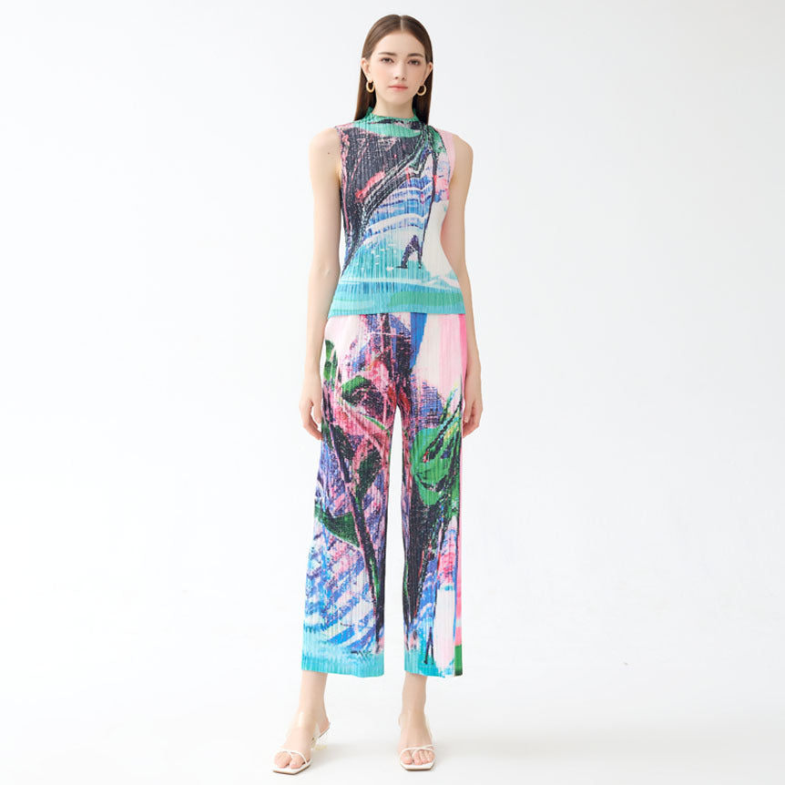 Printing and Dyeing Suit Pleated Print Sleeveless Top Straight-Leg Pants Slim Fit Slimming Casual Two-Piece Suit