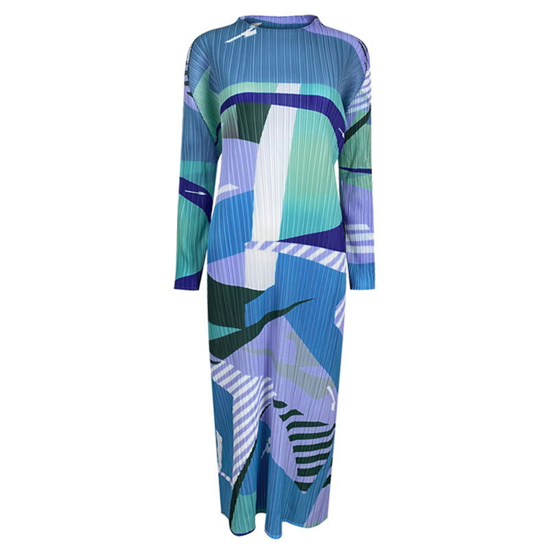 Pleated Slim Fit A- line Dress off-Neck Long Sleeve Personalized Printed Mid-Length Dress