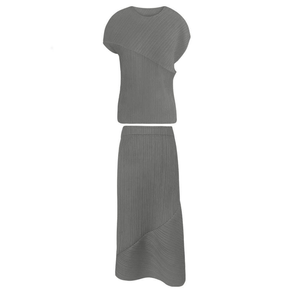 Folding round Neck Sleeve Top Casual Irregular Skirt Solid Color Two-Piece Set for Women