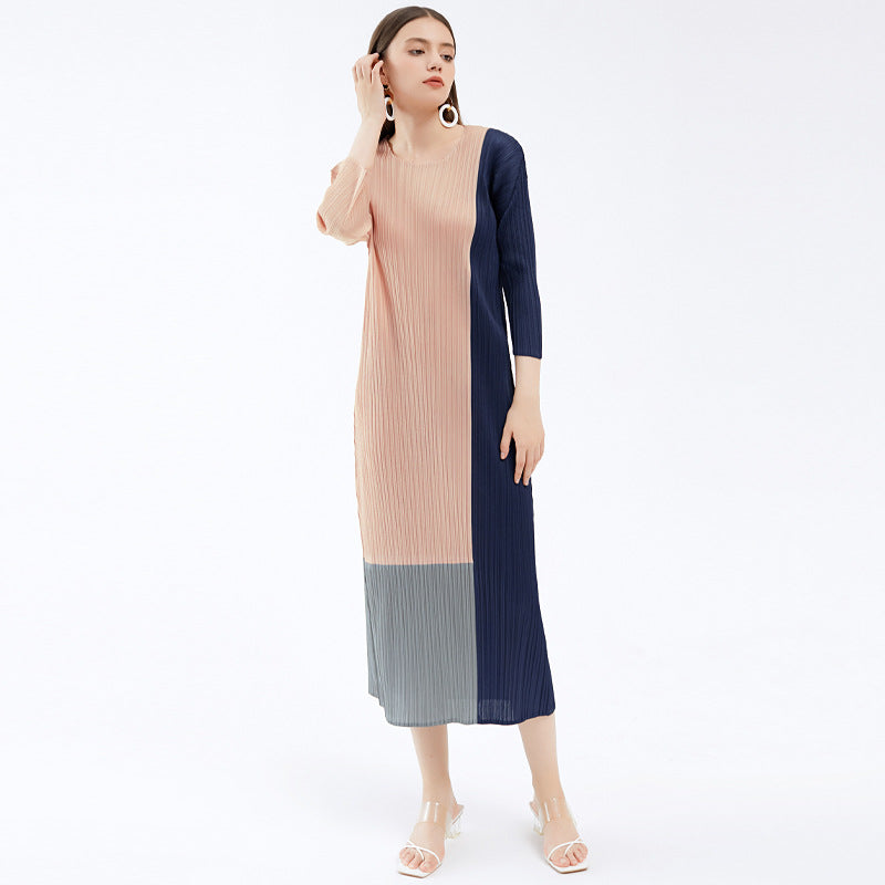 Contrast Color Long Sleeves Dress Women's Design Sense Patchwork Long Dress
