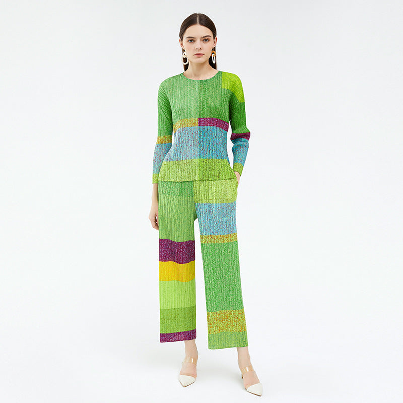 Printing Color Contrast Casual Thin Suit Long-Sleeved Top Drooping Straight Pants Two-Piece Set for Women