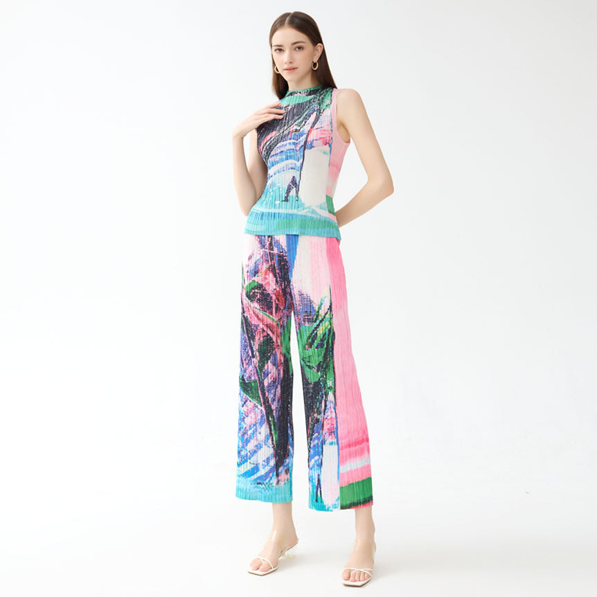 Printing and Dyeing Suit Pleated Print Sleeveless Top Straight-Leg Pants Slim Fit Slimming Casual Two-Piece Suit
