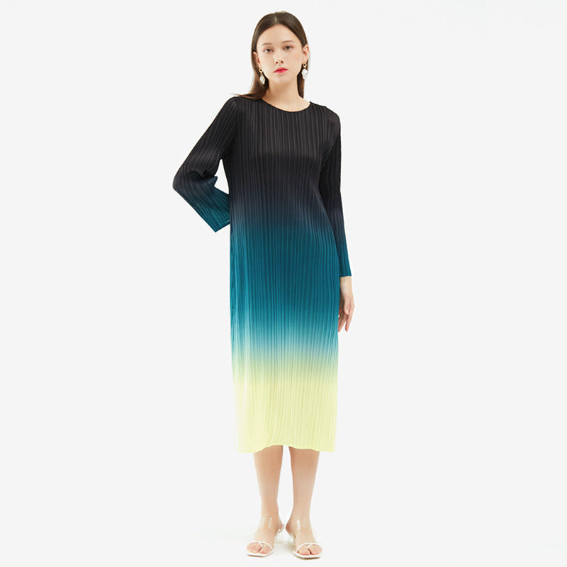 Elegant Inner Match Base Gradient Pleated Dress Mid-Waisted Figure Flattering All-Matching Long Sleeve Skirt Women