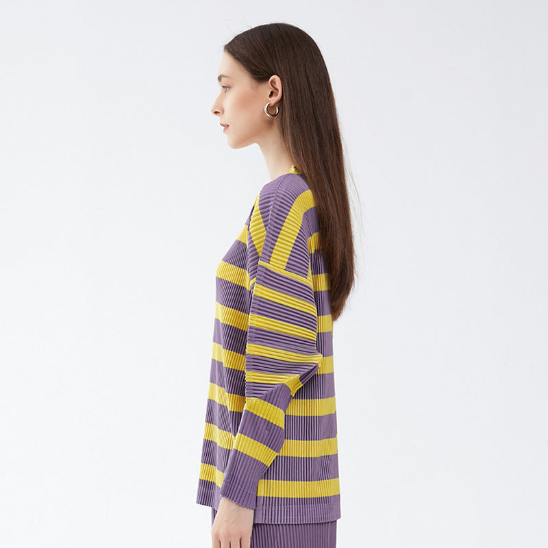 Japanese round Neck Striped Sweater Women's Loose Long Sleeve Casual Slimming Peplum Top