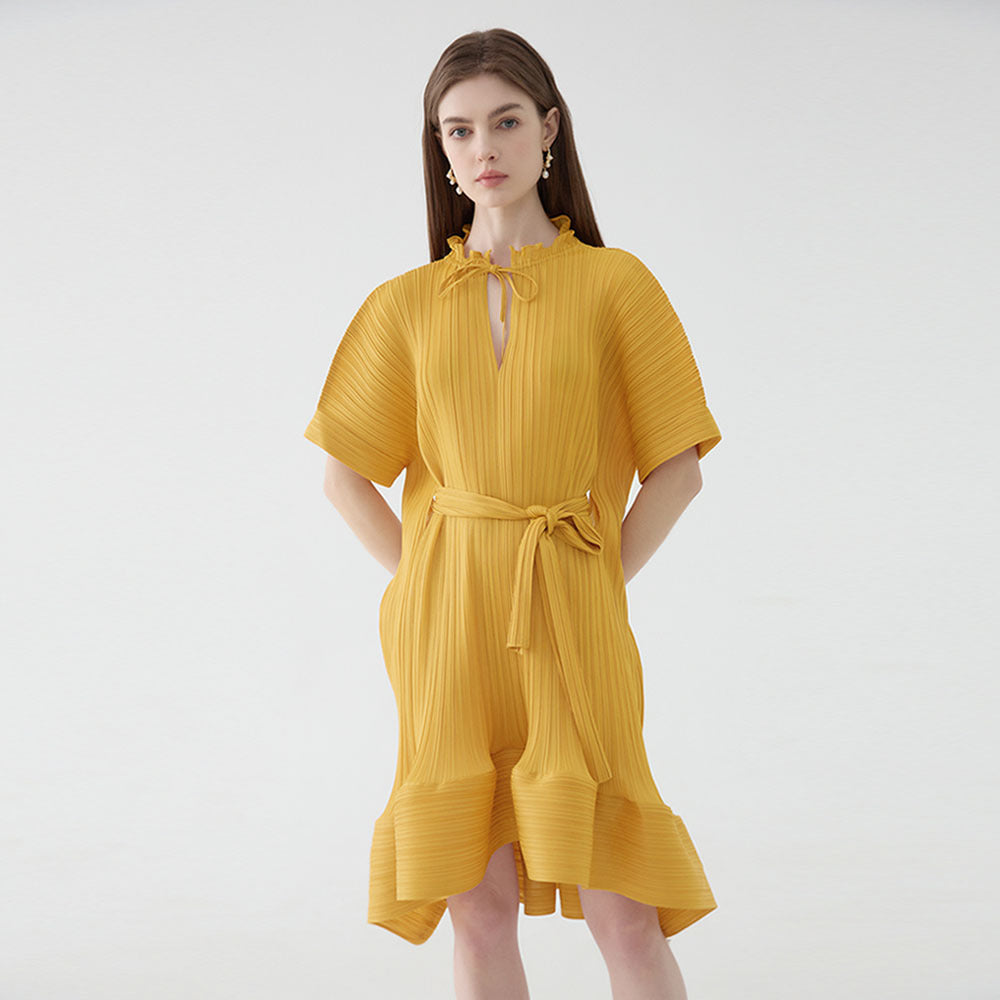 Pettiskirt Short Sleeve Lace-up Dress Women's Mid-Length Simple Loose Solid Color Dress