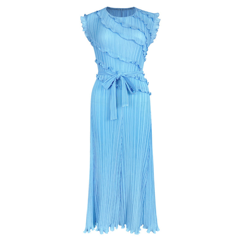 Casual Style Casual Draped Dress round Neck Wooden Ear Patchwork Skirt Sleeveless Solid Color Dress Women