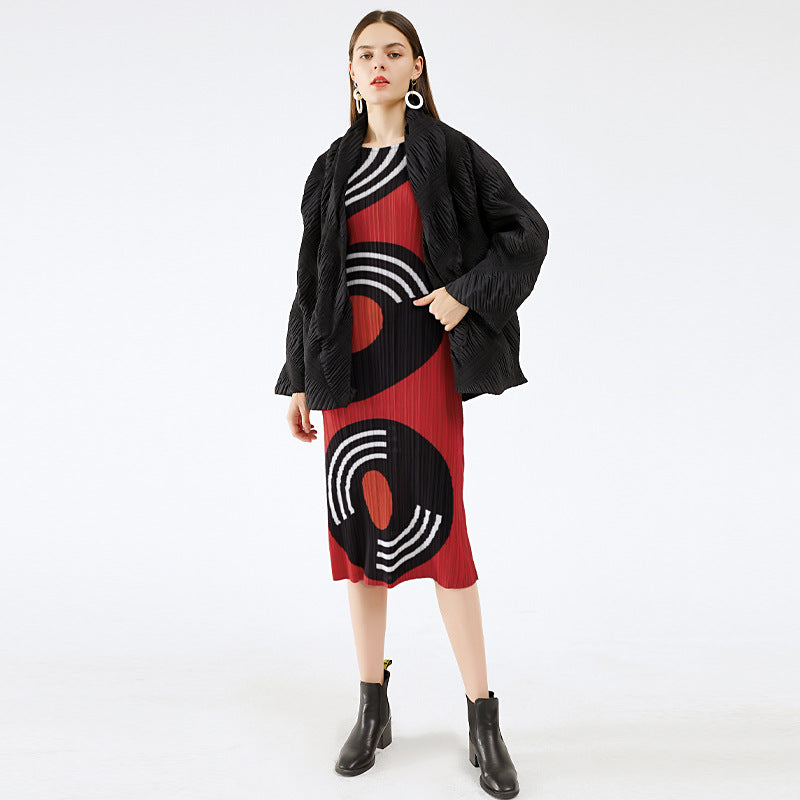 Dress Women's Temperament Crew Neck Mid-Length Circle Printing Versatile Slimming Small Red Dress