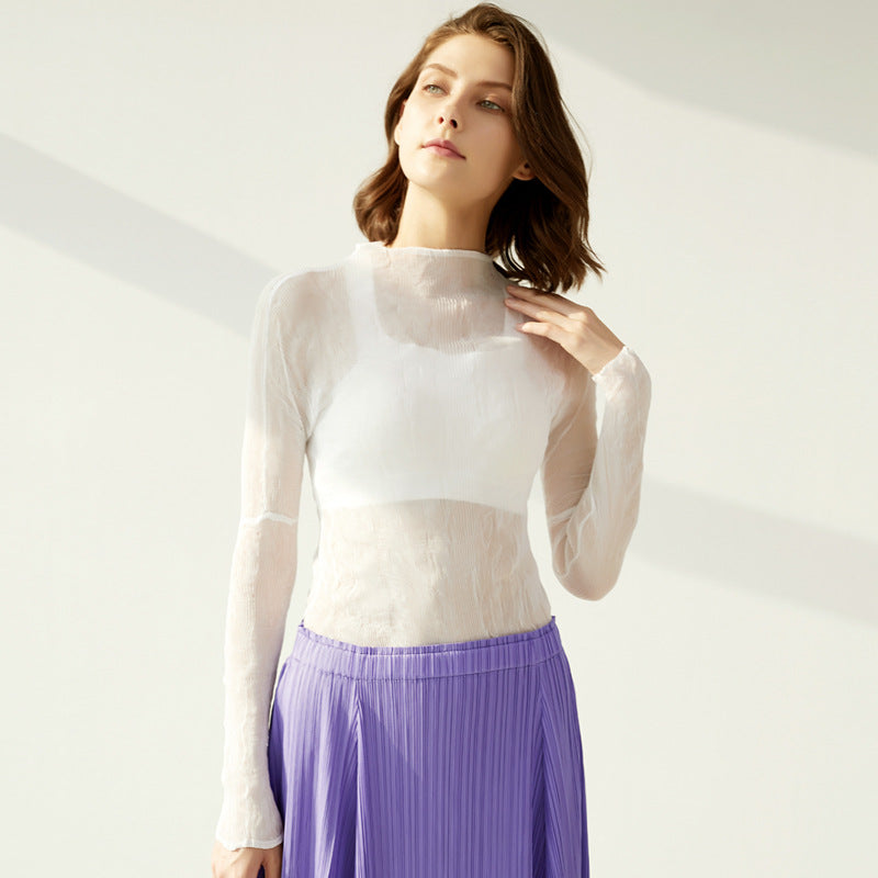 Season Women's Simple Slim Fit Inner Wear Collar Pleated Hollow Bottoming Shirt Women's Long Sleeve Sun Protection Shirt