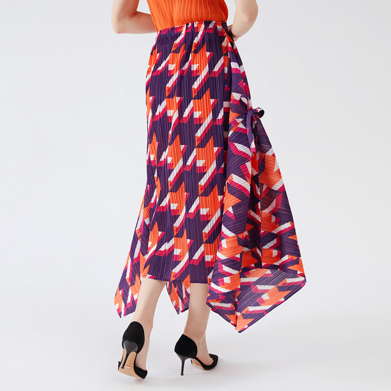 Casual Style Houndstooth Skirt Female Waist Slimming Slit Versatile Pleated Dress