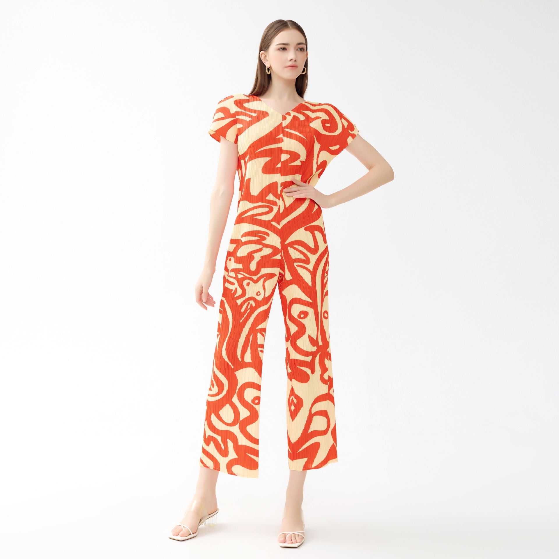 Painting Pleated V-neck Short Sleeve Slim Fit Casual Style Women's Jumpsuit