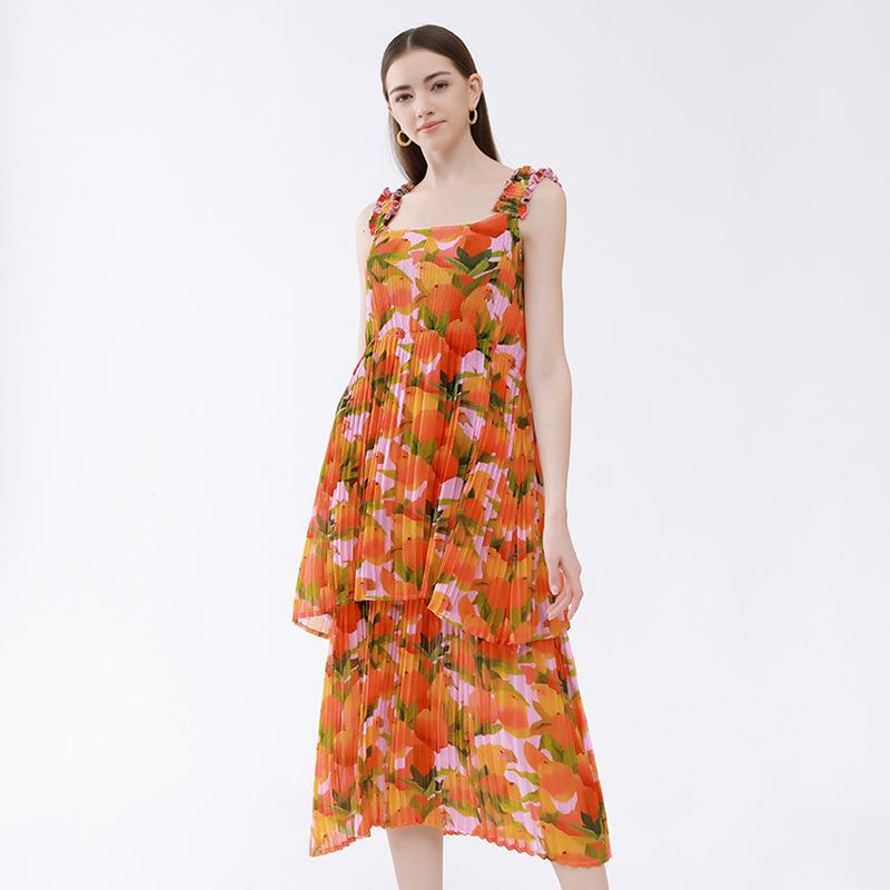 Double-Layer Pleated Sleeveless Anti-Wrinkle Orange Floral Strap Dress Vacation Style Dress