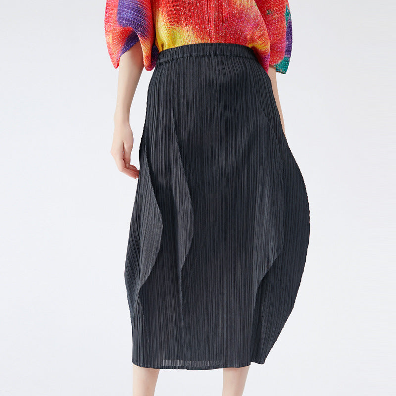 Casual Black Color & Pleats Skirt Mid-Length Waist Bag Hip Bud Skirt Women