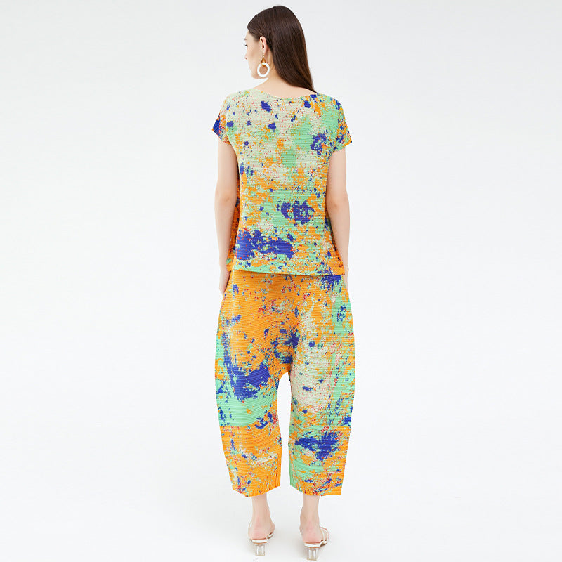 Printing Suit Loose Top All-Match Wide Leg Pants Harem Pants Two-Piece Set for Women