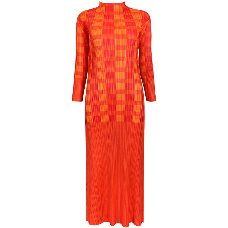 Pleated Elegant Slim Half Collar Dress Long Sleeve Straight Slimming Midi Dress Women