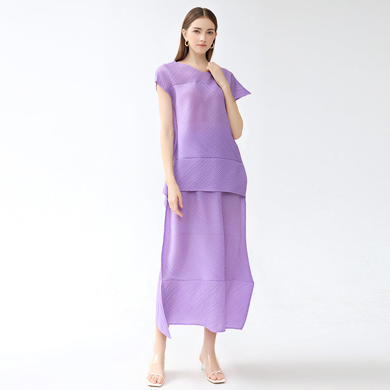 Folding Suit Level Sense Casual Short-Sleeved Top Irregular Skirt Solid Color Two-Piece Set