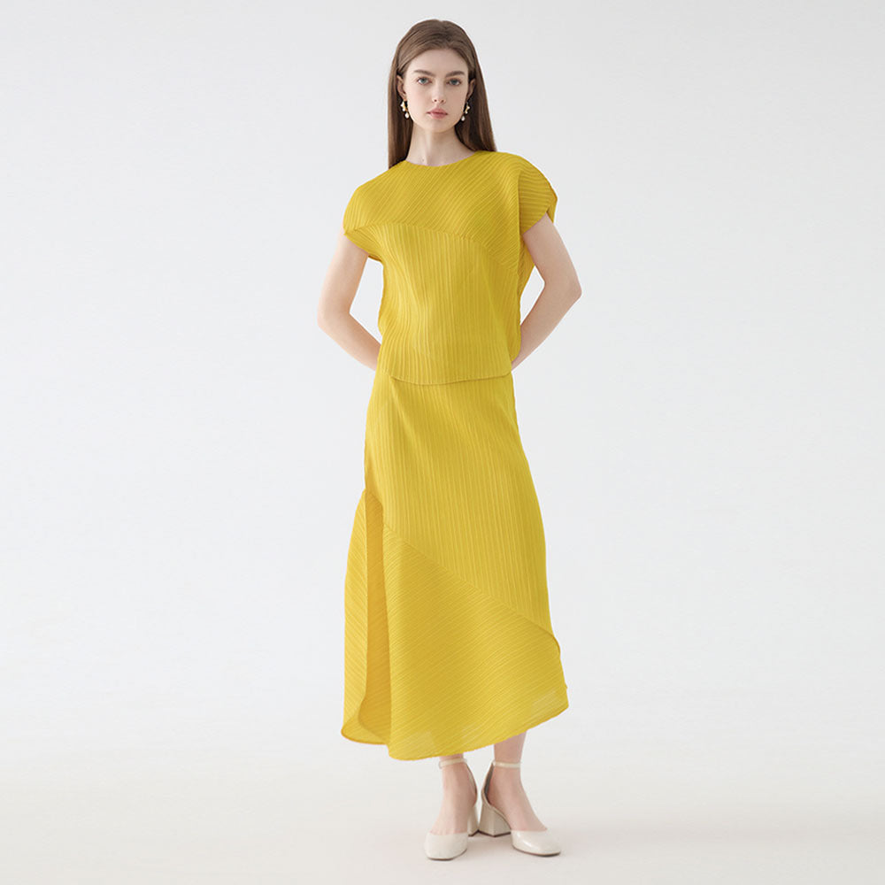 Folding round Neck Sleeve Top Casual Irregular Skirt Solid Color Two-Piece Set for Women