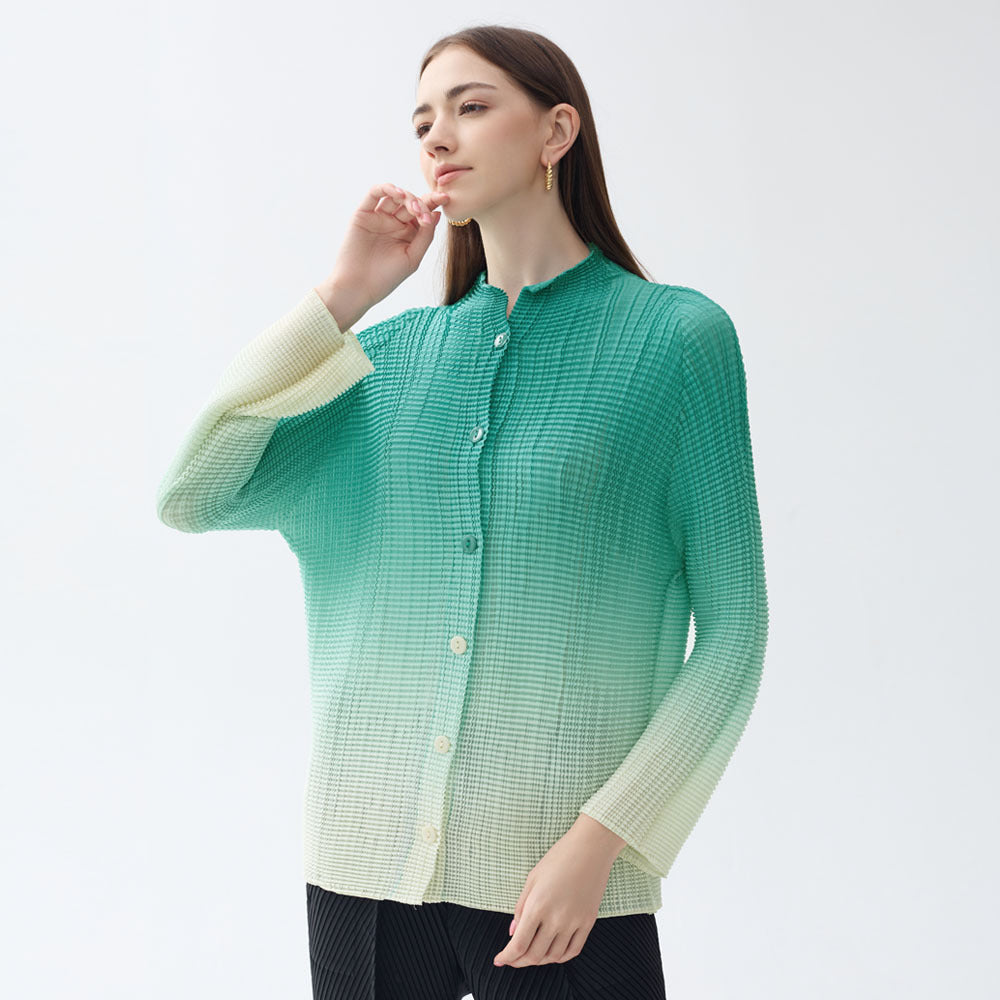 Gradient Pleated Chiffon Shirt Versatile Casual Small Open Collar Sweet Slimming Long Sleeve Printed Top for Women